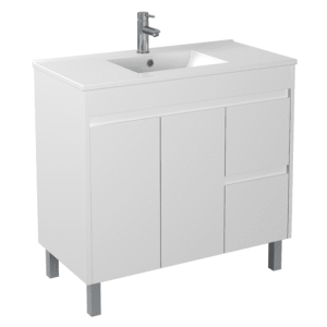 900mm STANDARD PVC VANITY WITH CERAMIC TOP ON LEGS W/ RIGHT HAND DRAWERS